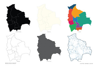 Obraz premium A collection of Bolivia maps in various styles including detailed outline, colored, halftone, and polymesh vector illustrations.
