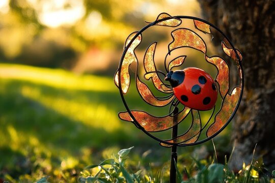 whimsical sunlit garden wind spinner with stained-glass petals and bright red decorative ladybug by a tree on a golden grassy lawn