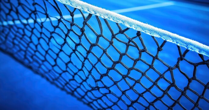 Close-up of a taut black tennis net with white top band over a blue court, sharp woven mesh in foreground and blurred court lines evoking focus and anticipation
