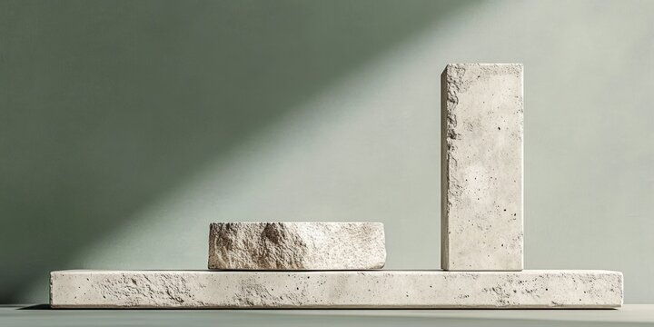 Minimal arrangement of three textured concrete blocks on a long slab against a muted green wall, diagonal sunlight casting a calm, contemplative shadow
