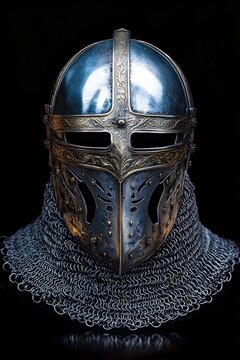 Ornate medieval steel helmet with gold filigree and full-face visor above chainmail aventail on dark background, imposing and stoic