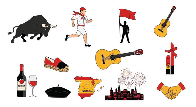 Spanish Culture Icons: Bull, Guitar, Flag, Wine, Map, Fiesta, Food