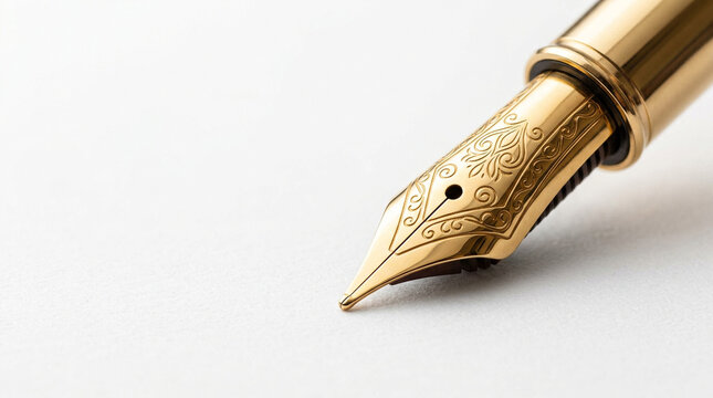 Gold fountain pen nib macro on white surface writing signature commitment luxury craftsmanship detail.