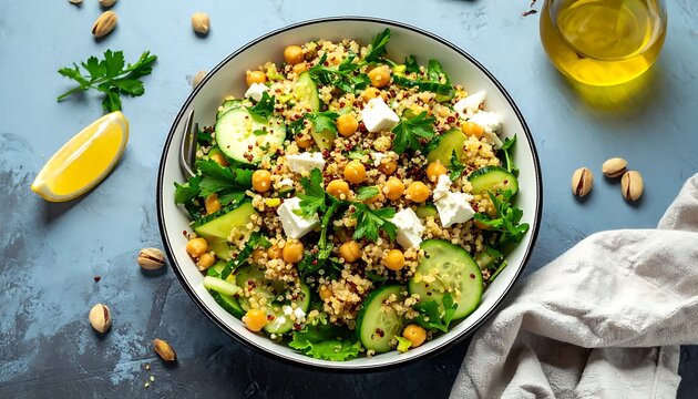 A vibrant bowl of salad with assorted vegetables and nuts on a table