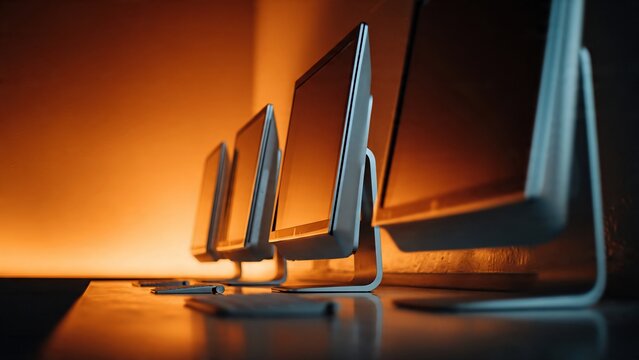 Row of sleek modern desktop computer monitors on desk with warm orange atmospheric cinematic ambient glow