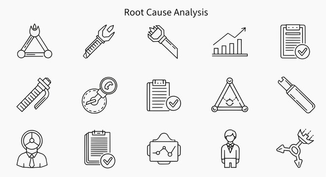 Professional vector icon set for in-depth business intelligence, operational diagnostics, and corrective action planning, illustrating key analytical processes and tools