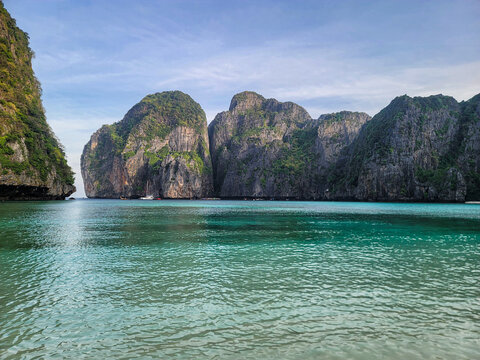 Maya Bay with no people early in the morning, Phi Phi Leh, Krabi, Thailand.
