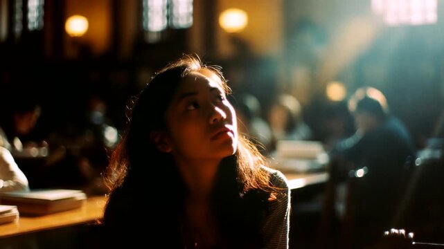 Young woman gazing thoughtfully in a library setting