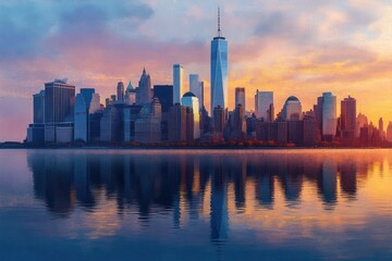 Obraz premium Golden sunrise over a modern city skyline with a prominent glass tower and calm river reflecting colorful pastel sky, serene and peaceful mood