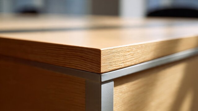Modern minimalist office desk corner with natural wood grain texture and brushed silver metal frame details