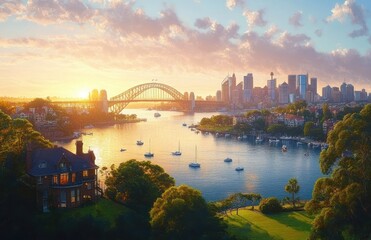 Fototapeta premium golden sunrise over a calm harbor with an arched steel bridge, city skyline, sailboats, waterfront houses and lush green park, serene and peaceful