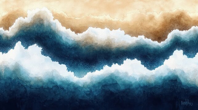 tranquil watercolor seascape with layered deep blue waves, white foam and sandy shoreline on textured paper evoking calm serenity