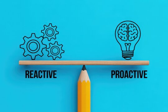 Reactive versus Proactive concept balanced on a pencil over a blue background
