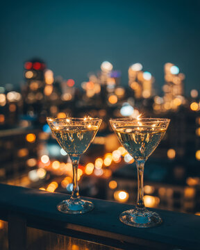 Two crystal wine glasses on rooftop ledge with blurred city skyline