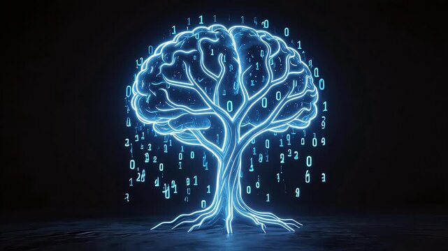 Blue glowing brain tree with binary code