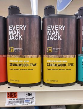Delaware, U.S.A - April 19, 2026 - Every Man Jack hydrating body wash in Sandalwood and Teak scent, 16.9 oz bottles with natural-ingredient messaging and pricing label.