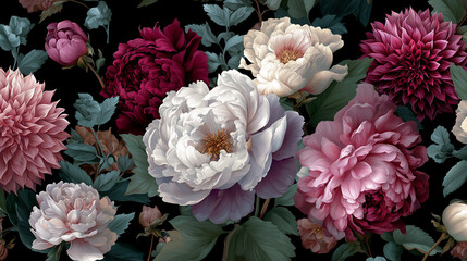 Obraz premium Floral Tapestry of Elegance: A lush, intricate arrangement of blooming flowers in various hues of pink, white and red, set against a dark, elegant background.