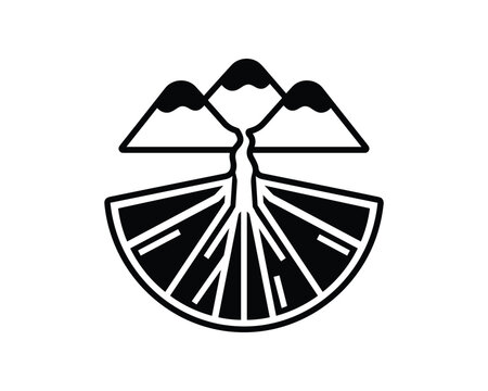 Black and white line art graphic of mountains, tree, and roots forming an alluvial fan deposit.