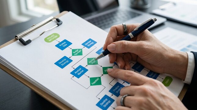 Businesswoman analyzing a complex project management flowchart on a clipboard in a modern office setting