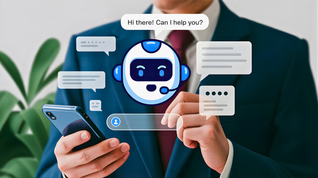 AI chatbot interface on smartphone showing conversation in chat bubbles, with a robot avatar and input bar