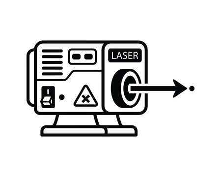 Black and white line art icon of a laser beam emitter device with warning sign and controls.