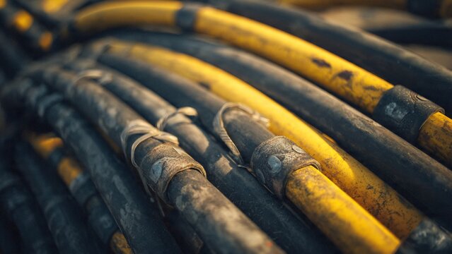 Close up view of heavy duty industrial hoses and cables with metal clamps on weathered machinery