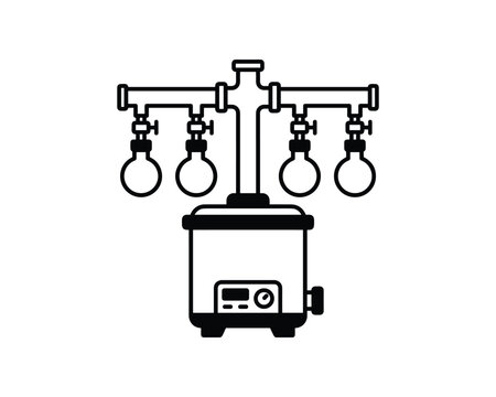 Black and white line art illustration of a laboratory freeze dryer with four round-bottom flasks.