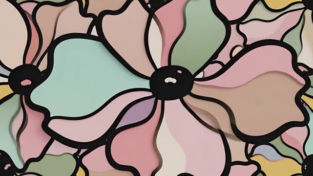 Abstract Floral Pattern with Pastel Colors and Black Outlines.