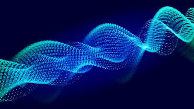 A dynamic vector illustration of a twisting particle wave in blue and green gradients. The abstract helix form suggests technology, science, and data flow on a dark background.