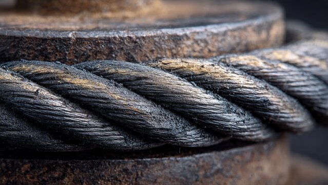 Close up of a heavy duty greased steel wire rope on a rusted industrial machine spool