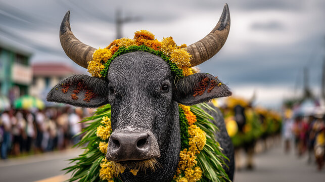 Vibrant Carabao Festival floats through crowded streets with decorated animals