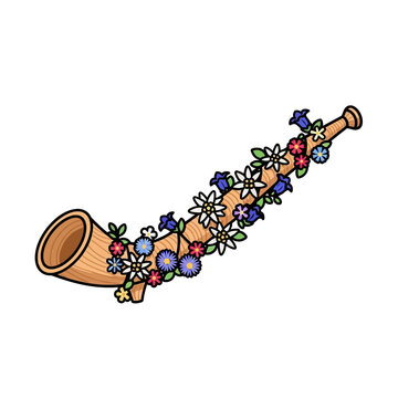 Traditional Alphorn decorated with colorful alpine flowers, symbolizing Swiss culture and music.