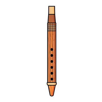 A simple wooden recorder, a woodwind instrument with six finger holes, isolated on a white background.