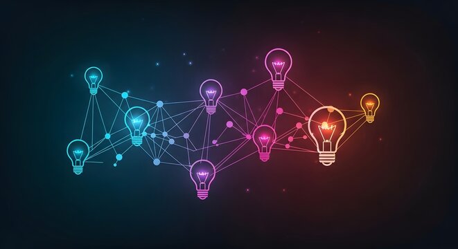 Conceptual network of interconnected ideas represented by illuminated light bulbs in a gradient of blues and reds