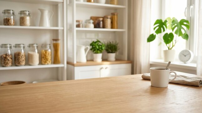 Bright modern kitchen scene featuring empty wooden tabletop with white mug and blurred pantry shelves