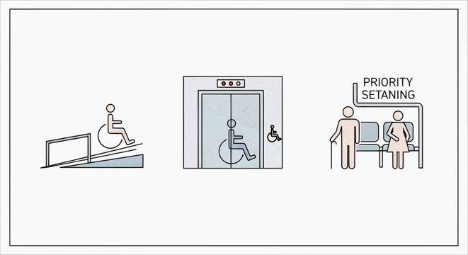 Accessibility symbols ramp, elevator, and priority seating for people with disabilities