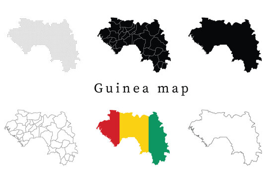 Set of Guinea map silhouettes featuring administrative regions, dotted patterns, line art outlines, and the national flag version.