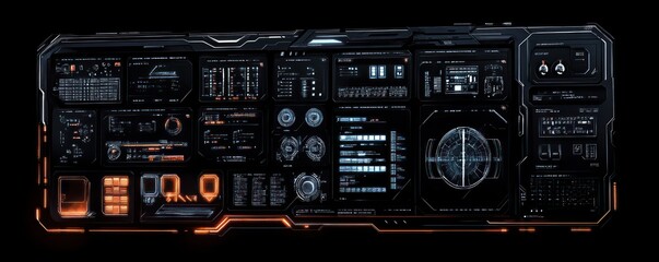 Fototapeta premium panoramic futuristic command console with multiple digital screens, circular radar, gauges, charts and glowing orange accents on a dark metallic frame, sleek tense high-tech mood