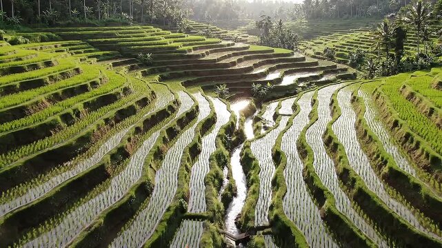 Aerial drone view of terraced rice fields in Indonesia with irrigation system, vibrant green patterns, harmony between nature and farming