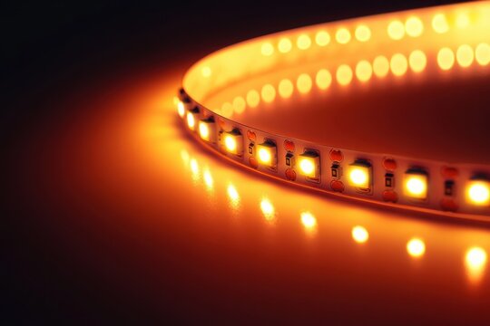 curved amber led strip glowing on reflective surface showing individual diodes and soft cozy warm ambient light in a dark minimalist setting