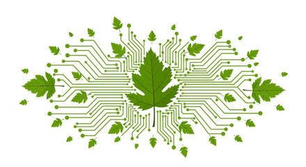 Obraz premium Green circuit board with leaves and microchip components on a white background, symbolizing eco-friendly technology.