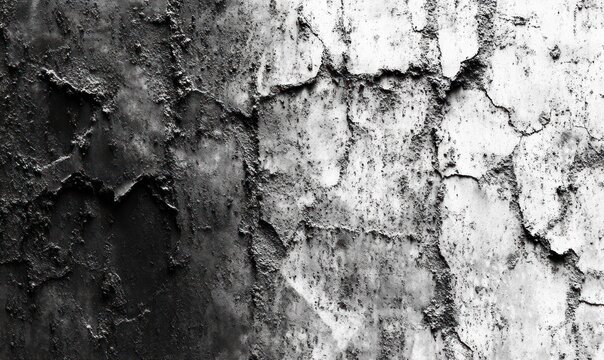 high-contrast black and white cracked and peeling plaster wall with flaking paint, rough concrete texture and gritty weathered decay