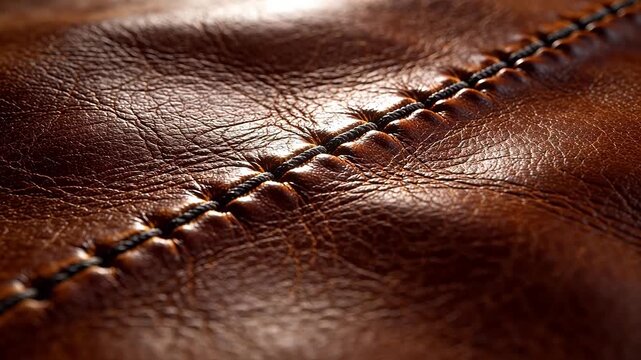 Brown leather texture with stitching detail and warm lighting