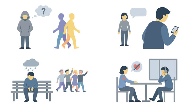 Illustrations depicting social isolation, loneliness, communication barriers, and digital distraction in various interpersonal scenarios.