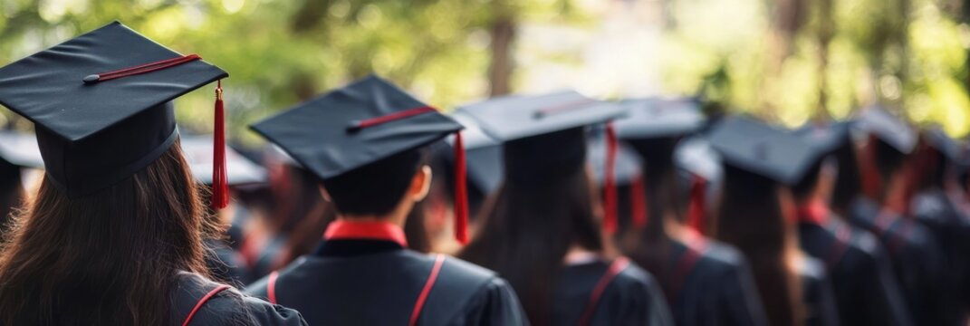Row of graduates in black caps and gowns with red tassels standing outdoors, backs to camera, sunlight filtering through trees, conveying pride and achievement