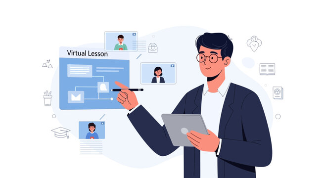Male teacher conducting virtual lesson on tablet, online education concept