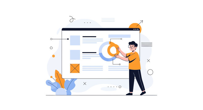 Man Analyzing Data on Digital Screen with Charts and Graphs