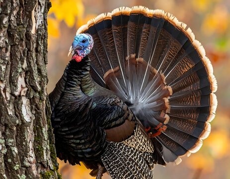 A vibrant turkey standing beside a tree