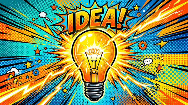 Vibrant Pop Art Light Bulb Idea Explosion with Dynamic Comic Book Style Background and Bright Energy Sparks