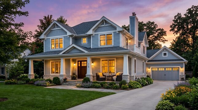Beautiful modern craftsman style luxury home at sunset with glowing windows and lush professional landscaping